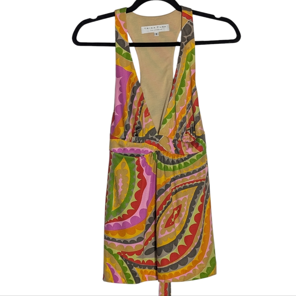 Trina Turk Silk Racerback Retro Tank Blouse Sz 8 - Picture 3 of 9